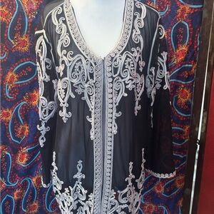 Simply Couture Elegant Black and White Embroidered Women's Top